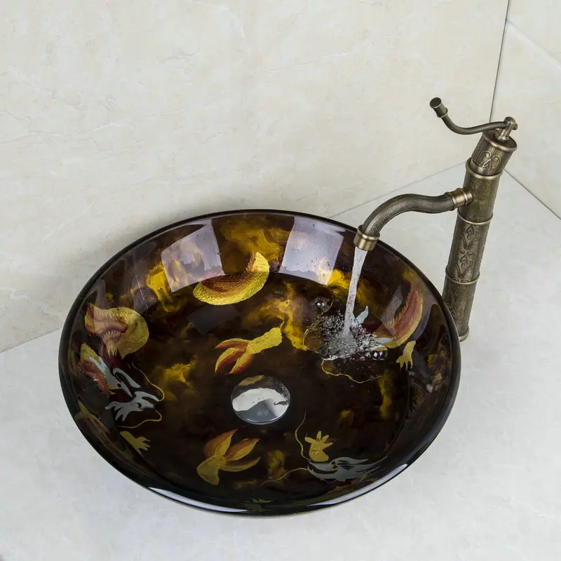 Chinese Dragon Pattern Hand Painted Glass Basin Upscale With The Same Ancient Antique Basin faucet glass bathroom sinks