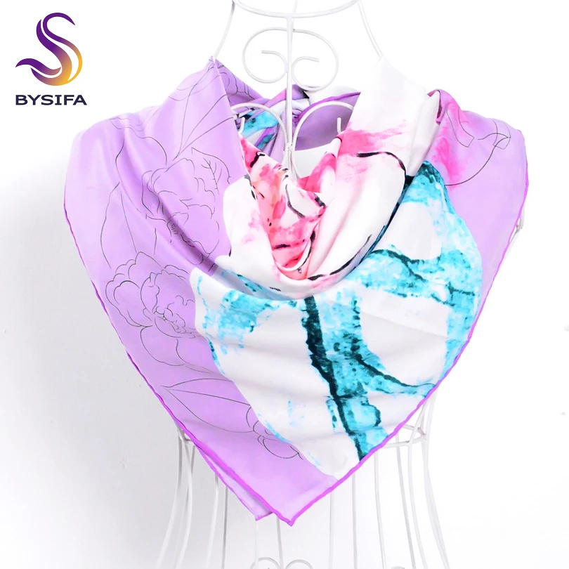 [BYSIFA] Grey Twill Scarves Wraps Fashion Apparel Grey Peony Pattern Hand Sewing Edge High Quality Women Large Silk Scarf Cape