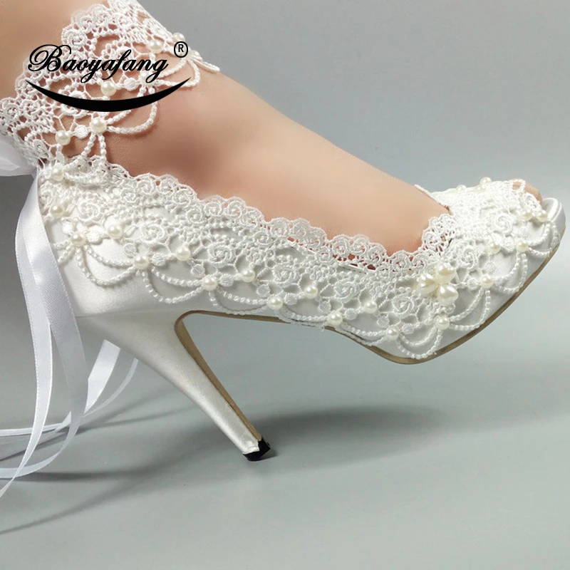 BaoYaFang cinturino Alla Caviglia Delle Donne scarpe da sposa In Pizzo-Up Peep Toe Aperto side scarpe moda donna tacchi Alti pattini della