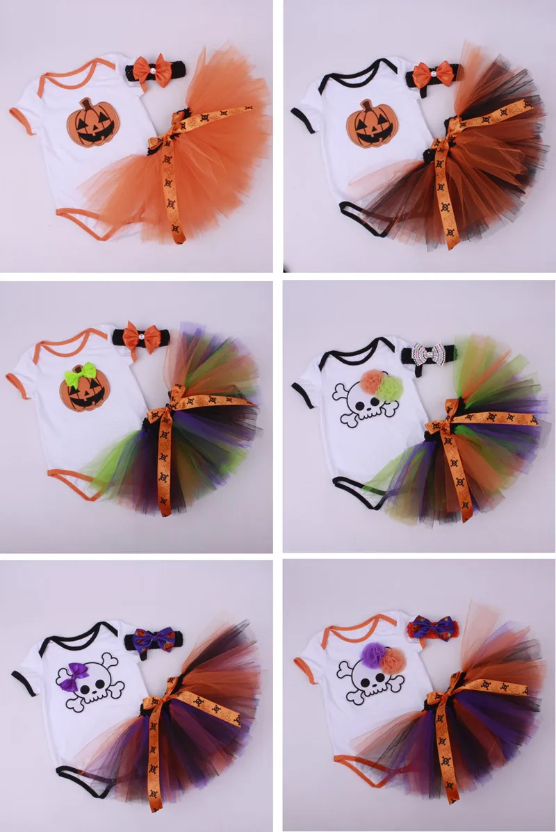 

3 PCS Halloween Newborn Girl Headband+Romper+Skirt Tutu Bodysuit Baby Outfit Clothing Set Pumpkin Skull Costume 0-3-6-9 Months