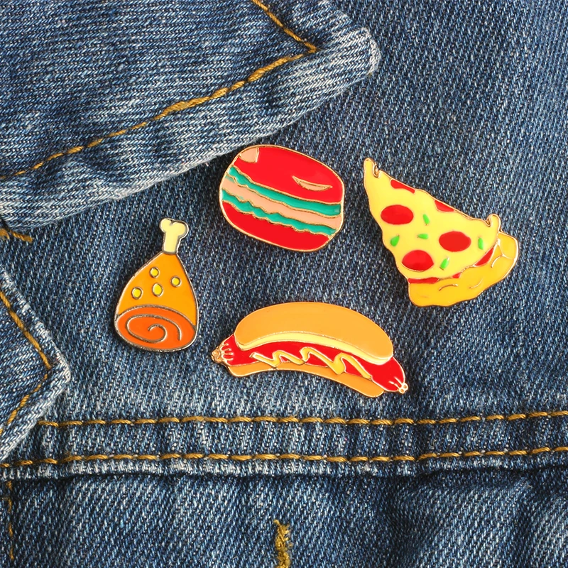 Funny Badge Fast Food Brooch Skeleton Pins Hot Dog Pizza Toast Skull Brooches For Children Enamel Lapel Pin Cartoon Jewelry Gift