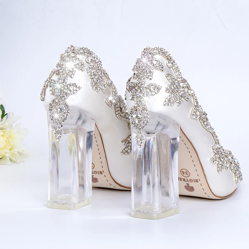 Wedding Shoes Bride Clear Heels Crystal Pumps Christmas Day Evening Party Luxury Queen Satin Silk 10cm Square Heel Plus Size 10