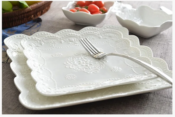 European embossed home China ceramic square plate breakfast dessert plate butterfly plate dish afternoon tea fruit plate wedding