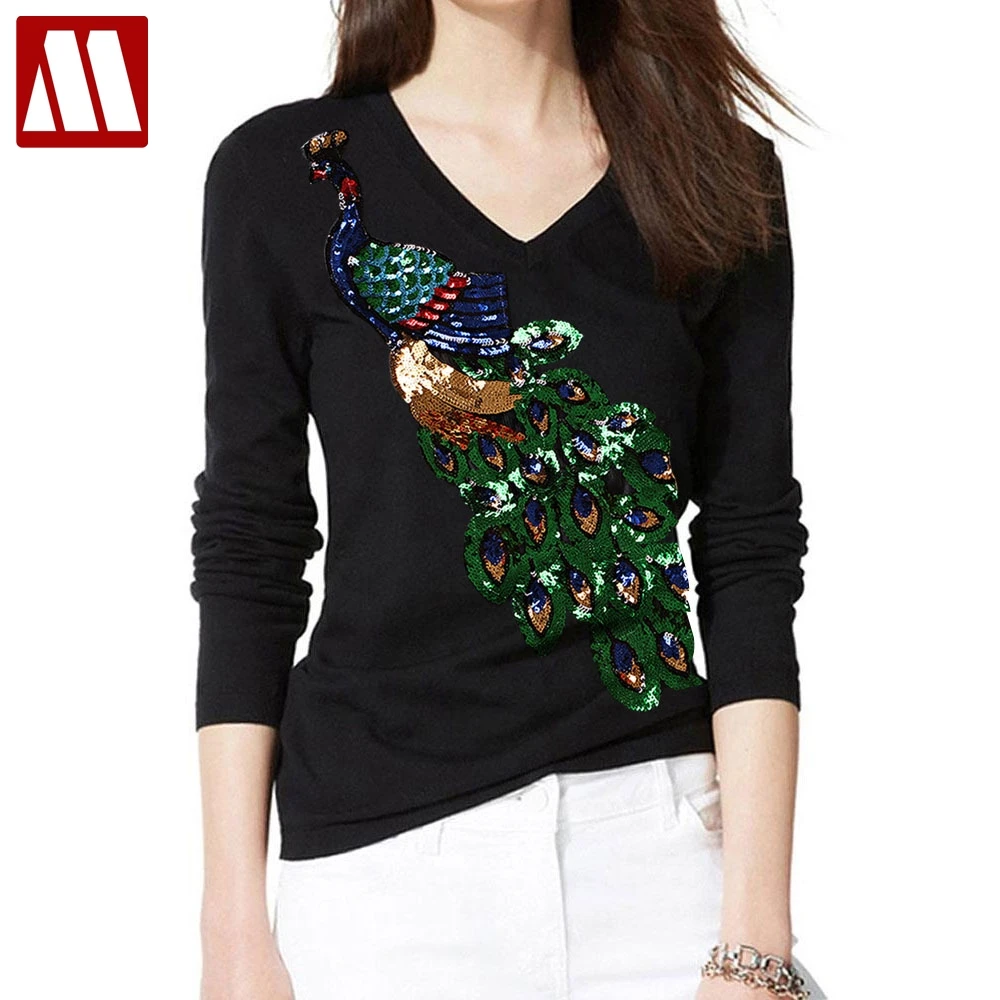 Women's Sequins Long Sleeve T shirts Lady Peacock Sequined T-shirt Fashion Cotton Tops Tee Shirt Femmer Woman Sakura Clothing