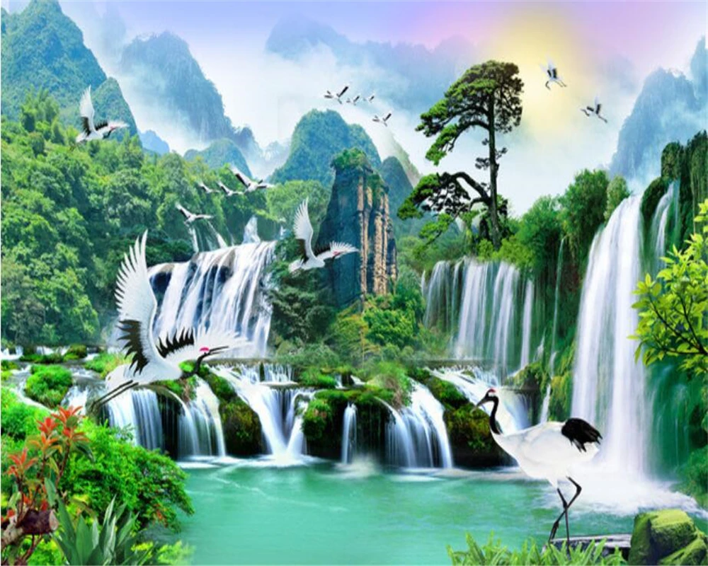 

beibehang Custom Wallpaper Home Decorative Mural Waterfall White Crane Welcoming Pine Video Sofa Background Mural 3d wallpaper