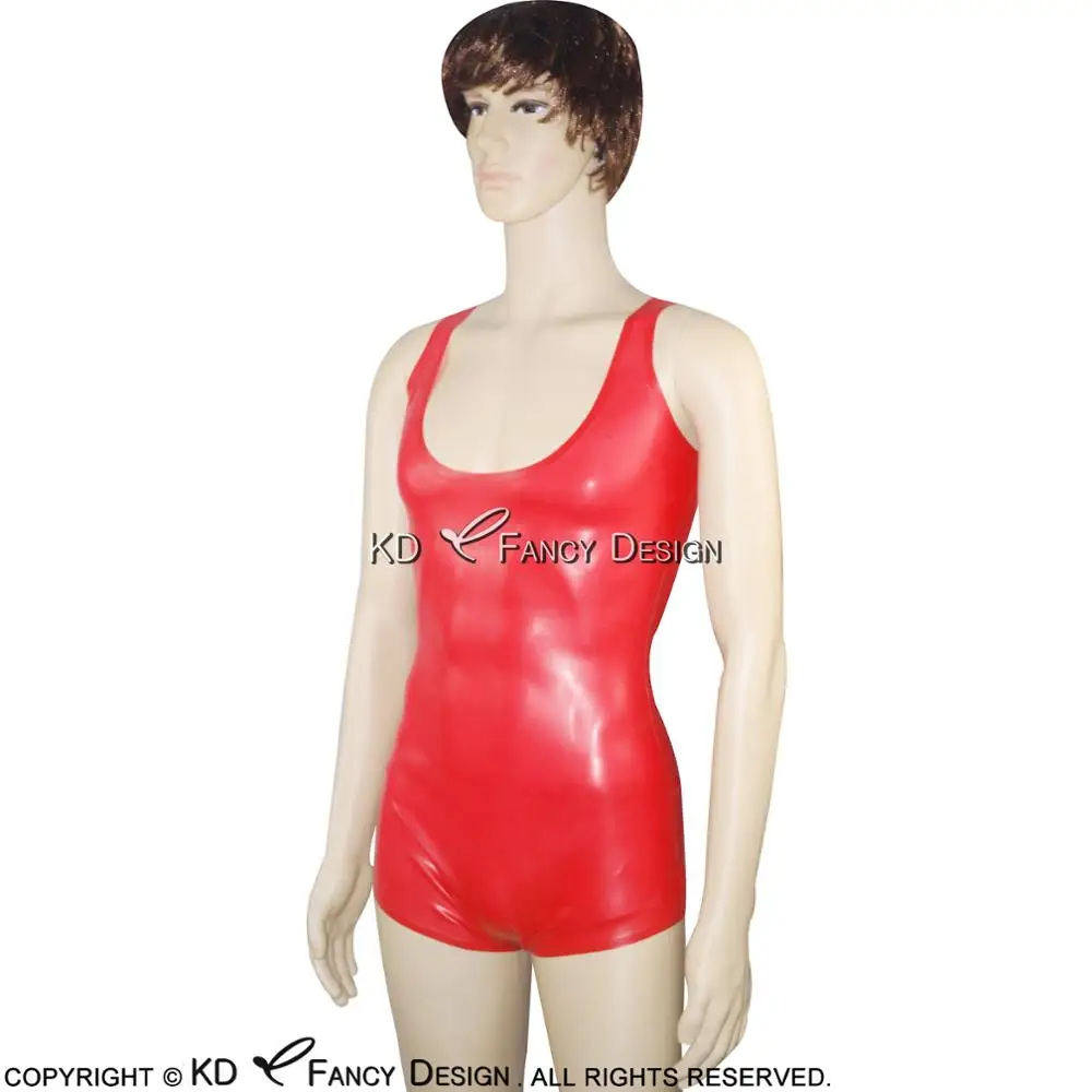 Red Sexy Sleeveless Latex Swimsuit High Cut Leg Without Zip Round Collar Body Suit Catsuit  Rubber Bodysuit LTY-0013