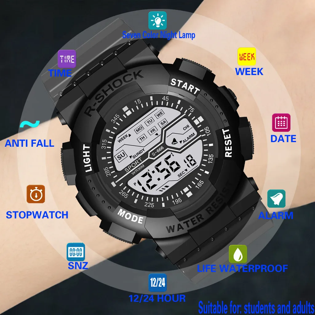 HSU Seven Colors Colorful Luminous Multi Function Sports Fashion Electronic Watch Wristwatch Femme Men Gift