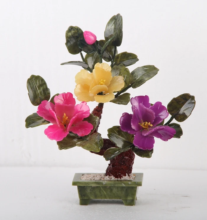 

Jade bonsai 3 flower peony flower jade ornaments Home Furnishing multicolor living room TV cabinet office gift pot