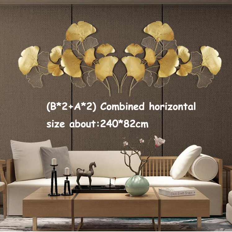 Modern Chinese Gold Wrought Iron Ginkgo Leaf Wall Crafts Decoration Home Livingroom Wall Porch Background Mural Metal Ornaments