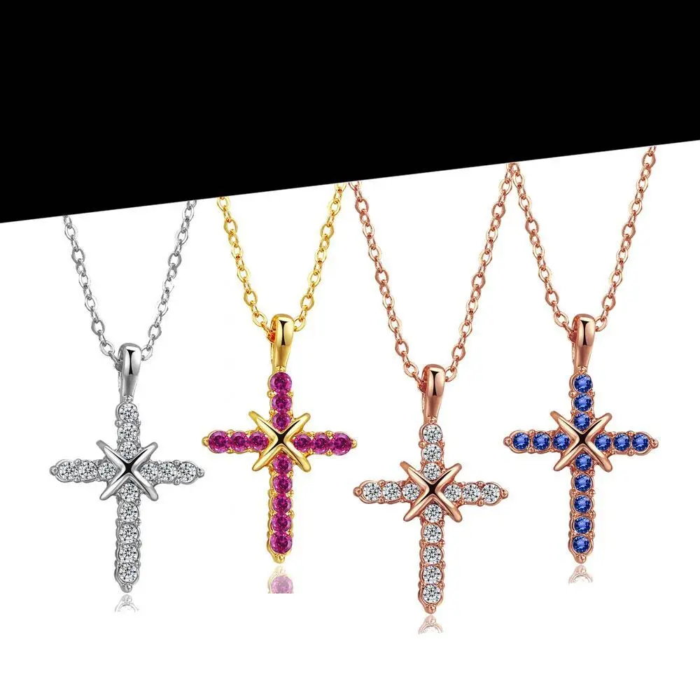 MGFam سعر خاص الأزرق كامل Zricon الصليب قلادة قلادة للنساء نقية / مطلية بالذهب الوردي مع سلسلة 45 سنتيمتر #6