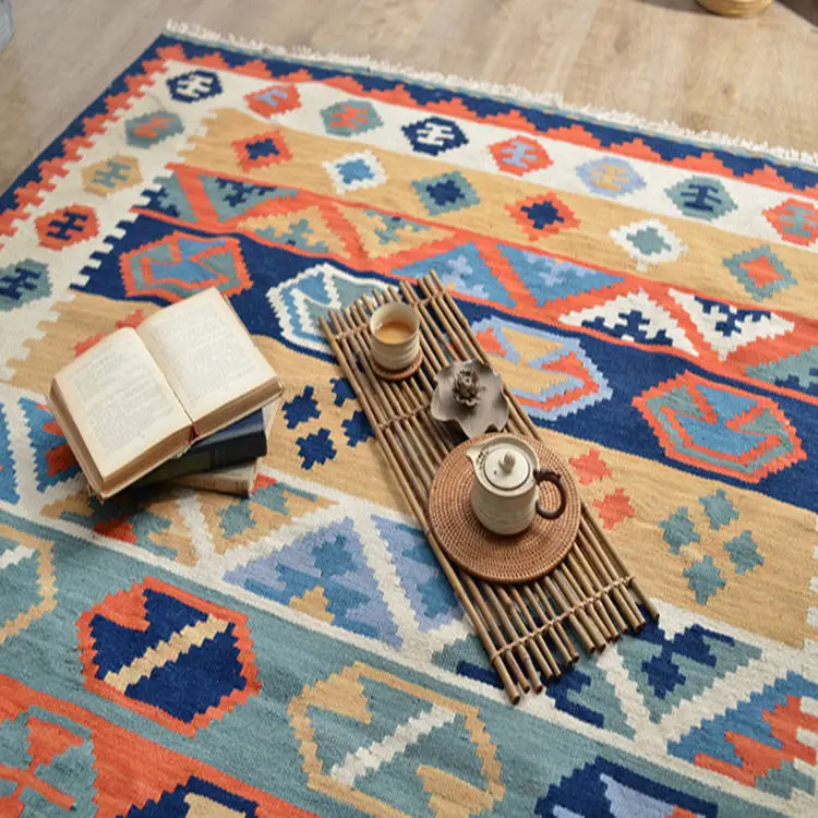 Nordic Geometric Ethnic Style European Handmade Wool Kilim Living Room, Bedroom, Tea Table and Carpet Washable by Hand