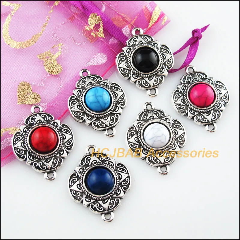 6Pcs Tibetan Silver Flower Mixed Stone Charms Pendant Connectors 23.5x30mm