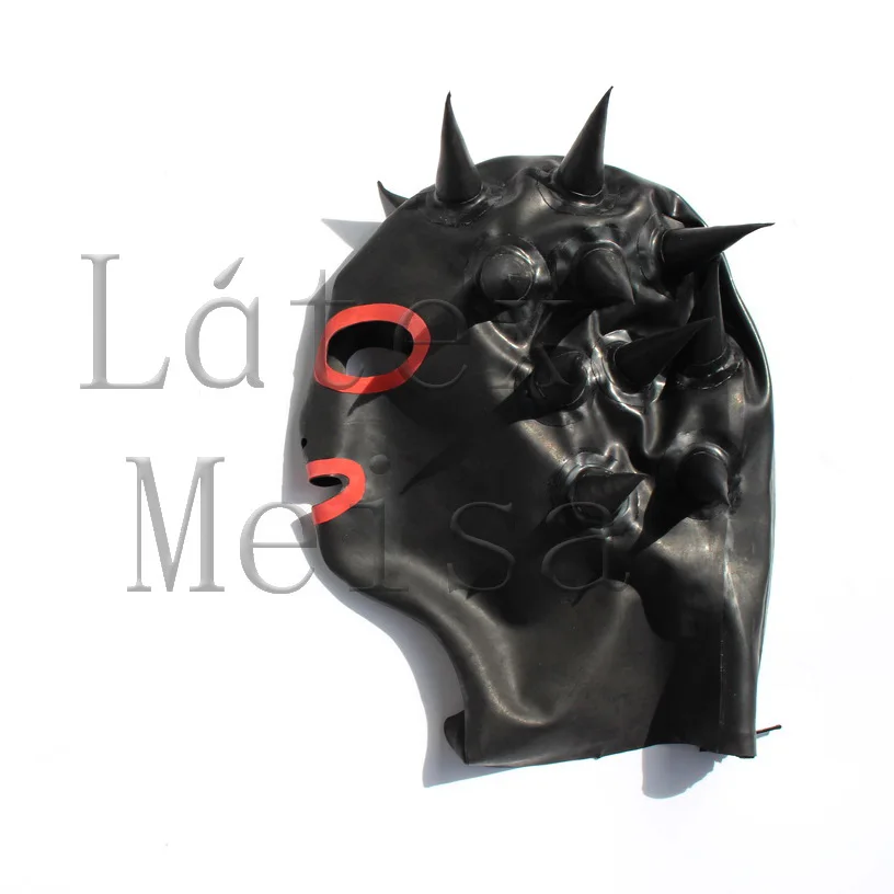 Horned design adults' black latex bondage hood open nostrils & eyes & mouth with back zipper what is made of 100% natural latex