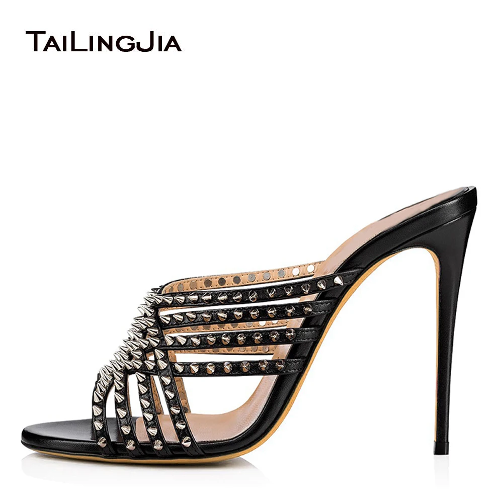 Stylish Black Open Toe High Heel Mules with Spikes Straps Women Heeled Rivets Sandals Party Dress Shoes Ladies Summer Heels 2022