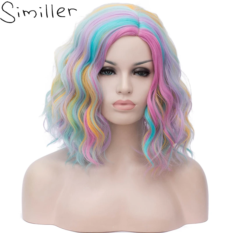 Serupa Anime Keriting Keriting Wig Pendek Rainbow Colorful Sintetis Wig untuk Wanita Lolita Cosplay Halloween Hitam Putih