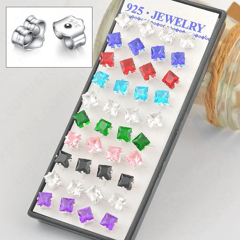 Pendientes de plata 925 de 80 piezas (40prs), joyería de cristal con diamantes de imitación cuadrados con caja, varios colores, venta al por mayor