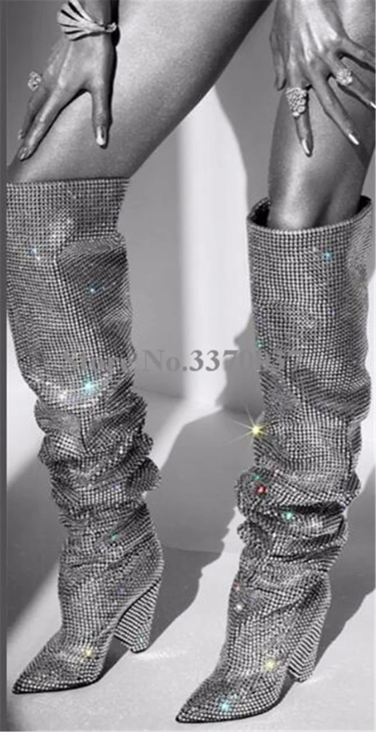 New Fashion Women Pointed Toe Silver Bling Bling Slip-on Over Knee Crystal Spike Heel Boots Pleated Rhinestone Long Boots image 3