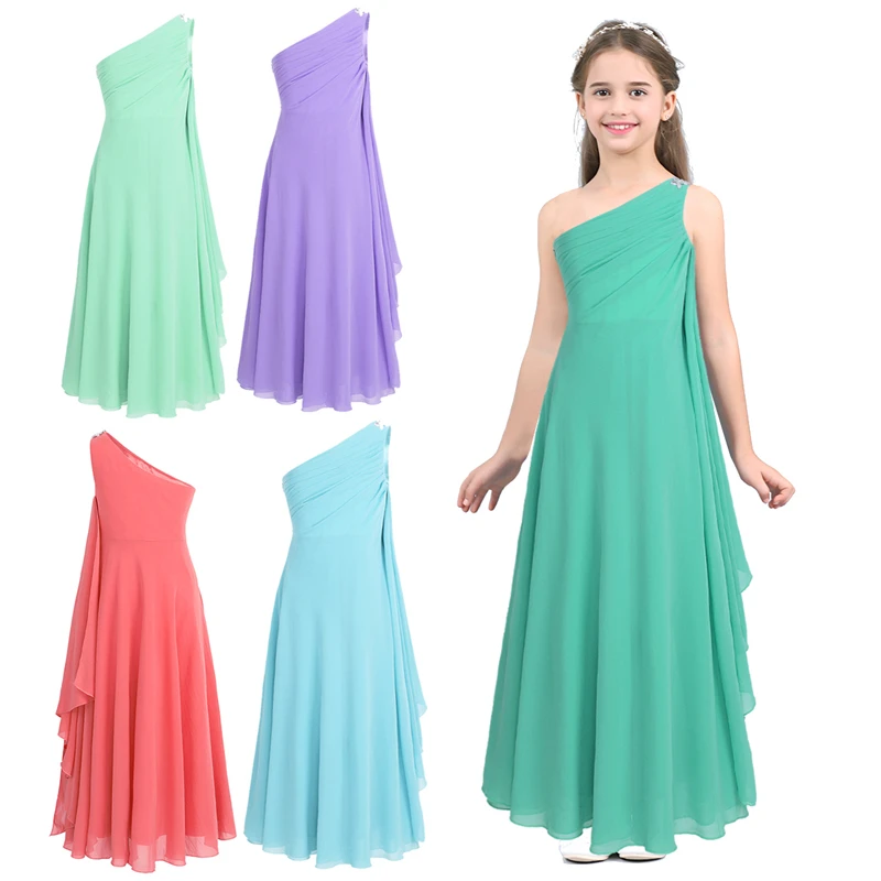 Flower Girls Dress Rhinestone Chiffon Dress Kids Girls One Shoulder Princess Pageant Wedding Bridesmaid Birthday Party Dress