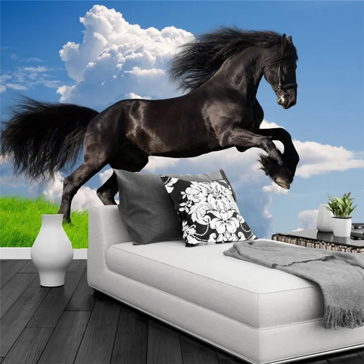 

Custom Photo Mural Wallpaper 3D Stereoscopic Black Horse Leaps Wall Mural Blue Sky Wall Paper Living Room Sofa TV Background