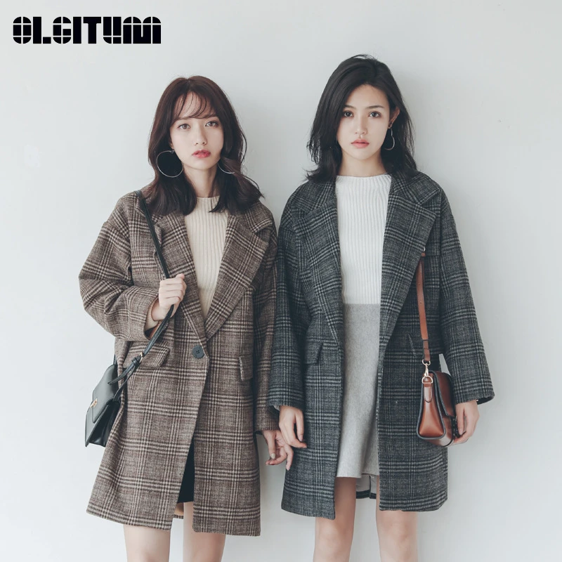 Autumn/Winter S-L New Fashion Loose Plaid Thick Women Woolen Coat with Pocket 2020 Casual Female Outwear Coffee Gray One Button