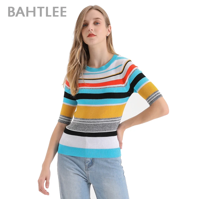 bastlee-women's-lyocell-knitted-t-shirt-short-sleeve-sweater-silver-wire-multi-striped-multicolour-summer