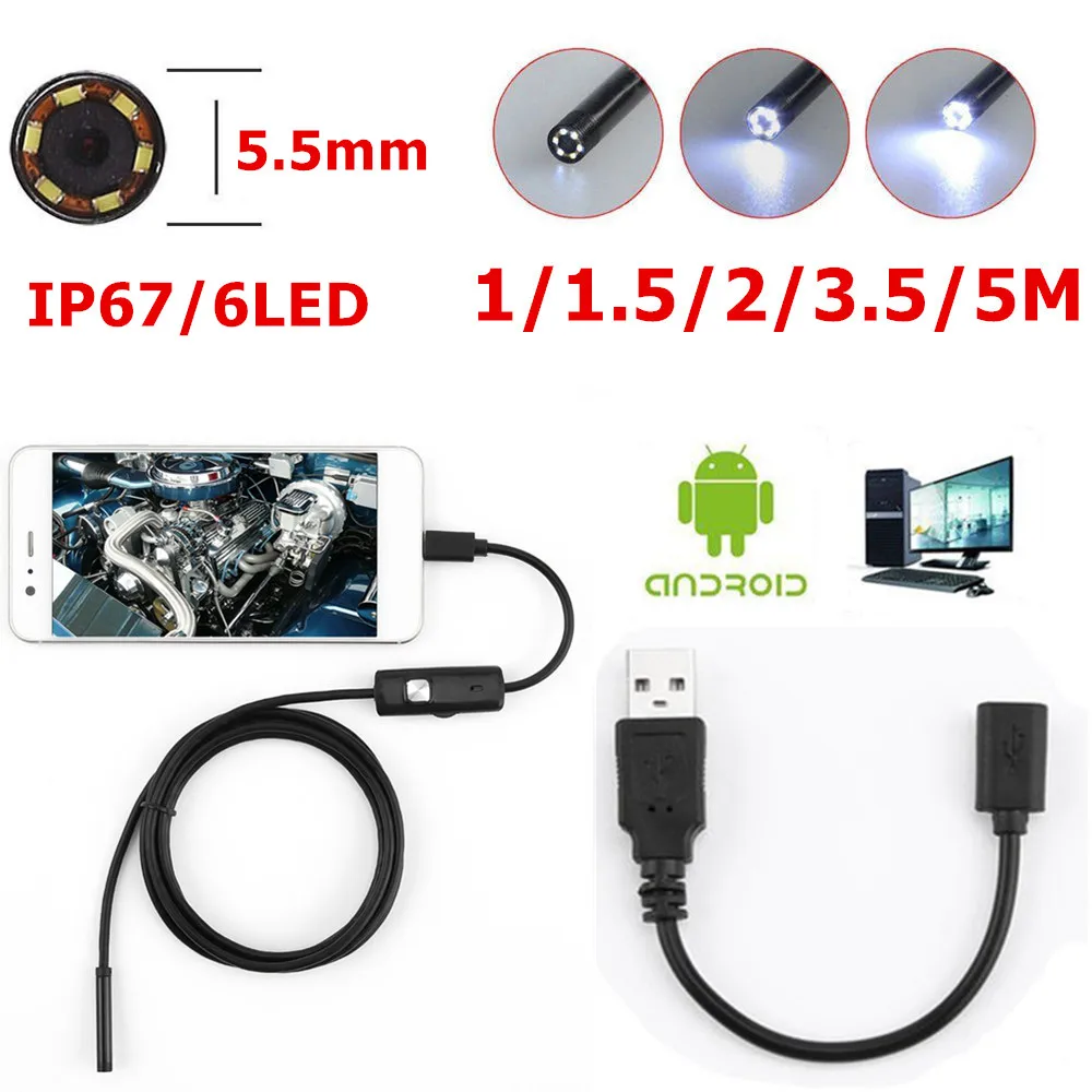 

6 LED 5.5mm Lens Endoscope Waterproof Inspection Borescope for Android Focus Camera Lens USB Cable Waterproof Endoscope