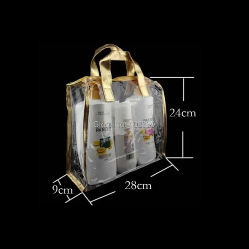 50pcs Golden Clear PVC Cosmetic Bag Sale Promotion Shampoo Shower Gel Packing Bag Toys Packaging PU Gift Bag