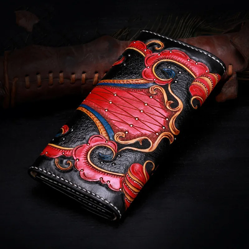 Genuine Leather Wallets Carving Floral Bag Purses Women Clutch Vegetable Tanned Leather Flowers Wallet New Year Gifts