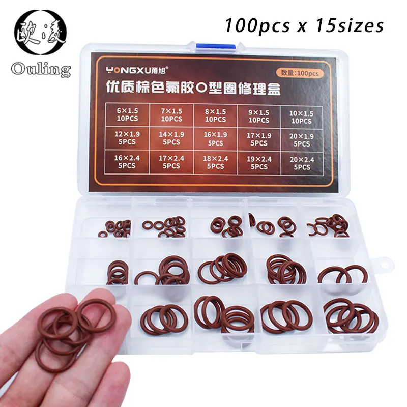 

100pcs Brown FKM O Rings Rubber Washer Sealing O-rings Set Assortment 15Sizes O ring Seal Kit Flexible Gasket Box Oil Ring