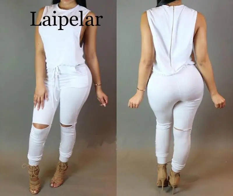 Women hole sleeveless bandage lace up jumpsuit Casual Rompers overalls for female women o-neck zipper jumpsuits women suits