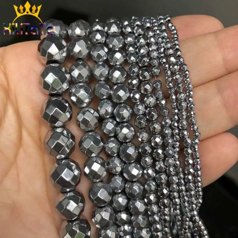 Natural Stone Beads Faceted Silvers Plated Hematite Beads For Jewelry Making DIY Necklace Bracelet Accessories 2/3/4/6/8/10mm