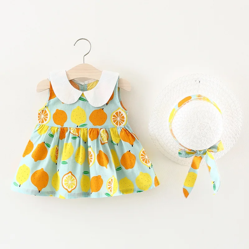 Summer Baby Girls Dresses Children Clothing Sleeveless Lemon Princess Dress with Hat First Birthday Girl Party Clothes A284