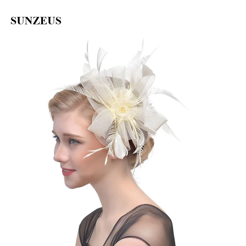 Feathers Tulle White Wedding Hats for Bride Flora Sexy Girls Dancing Hats Hair Accessories Women's Party Hats SH39