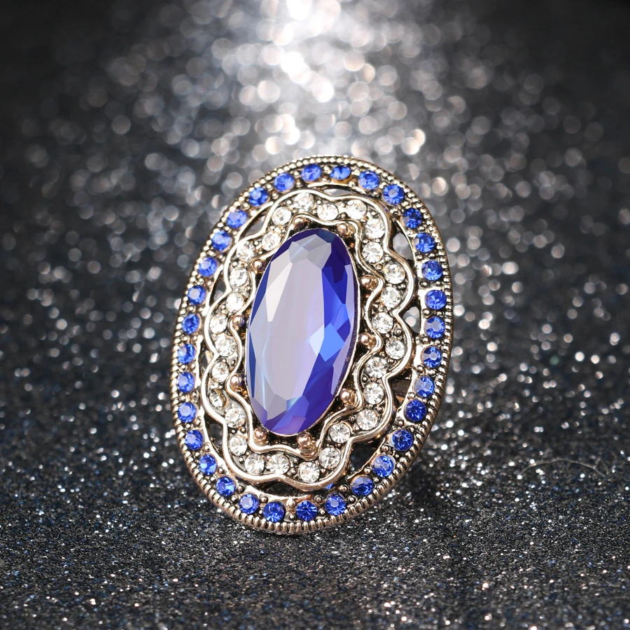 2020 New Charm Blue Big Ring Color Ancient Gold Vintage Wedding Rings For Women Mosaic White Crystal Fashion Jewelry