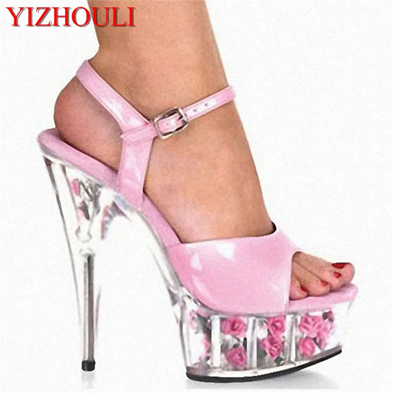 Pink Transparent Fashion Romantic Rose 15cm High-Heeled Shoes Princess Dancing Sandals 6 Inch Exotic Sexy Flowers Crystal Shoes