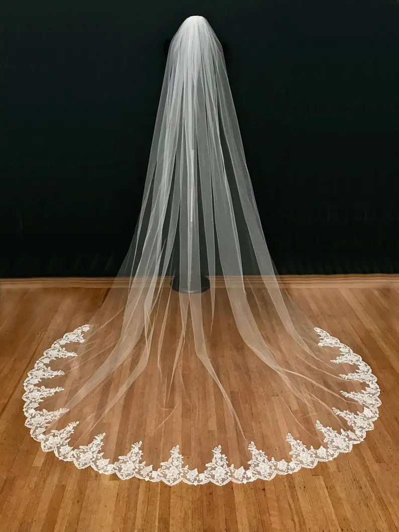 Cathedral wedding veil, chapel lace bride vail, embroidered hem, floral lace, light ivory &comb  long veils