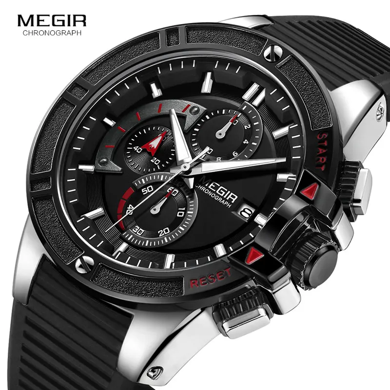 MEGIR Men\'s Military Sport Chronograph Watches Silicone Army Quartz Wristwatch Relogios Masculino Top Brand 2095 Silver Black