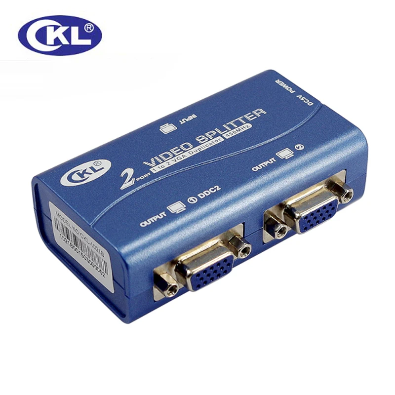 Berkualitas tinggi Converter Adapte 450 MHz CKL 2 Port VGA Splitter 2048*1536 Mendukung DDC, DDC2, DDC2B USB Powered Plastik Kasus