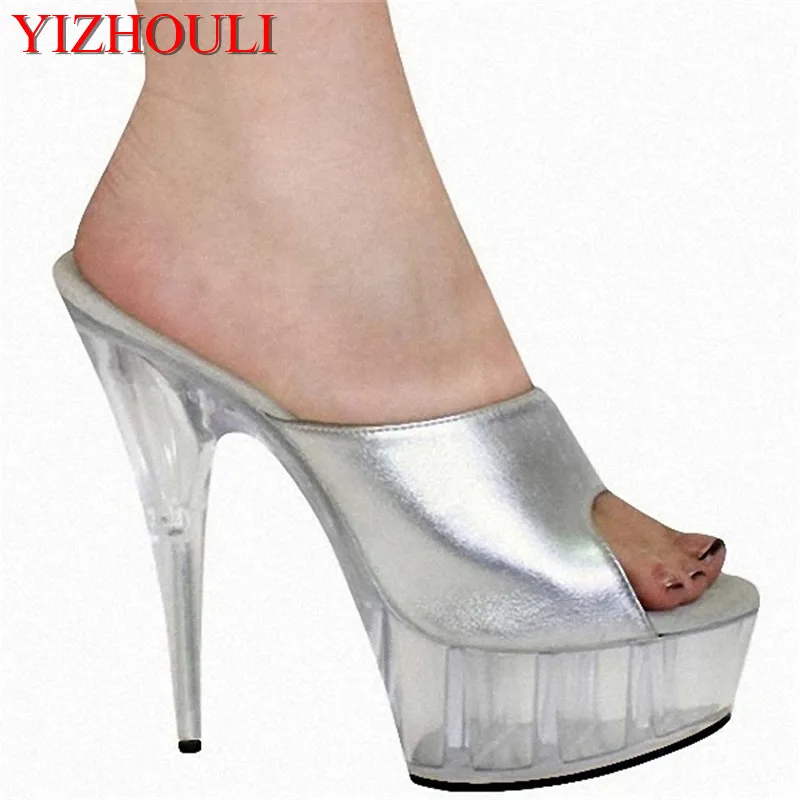 Sexy 6-inch shoes, 15cm, heels, transparent soles, silver vamp models, dancing shoes