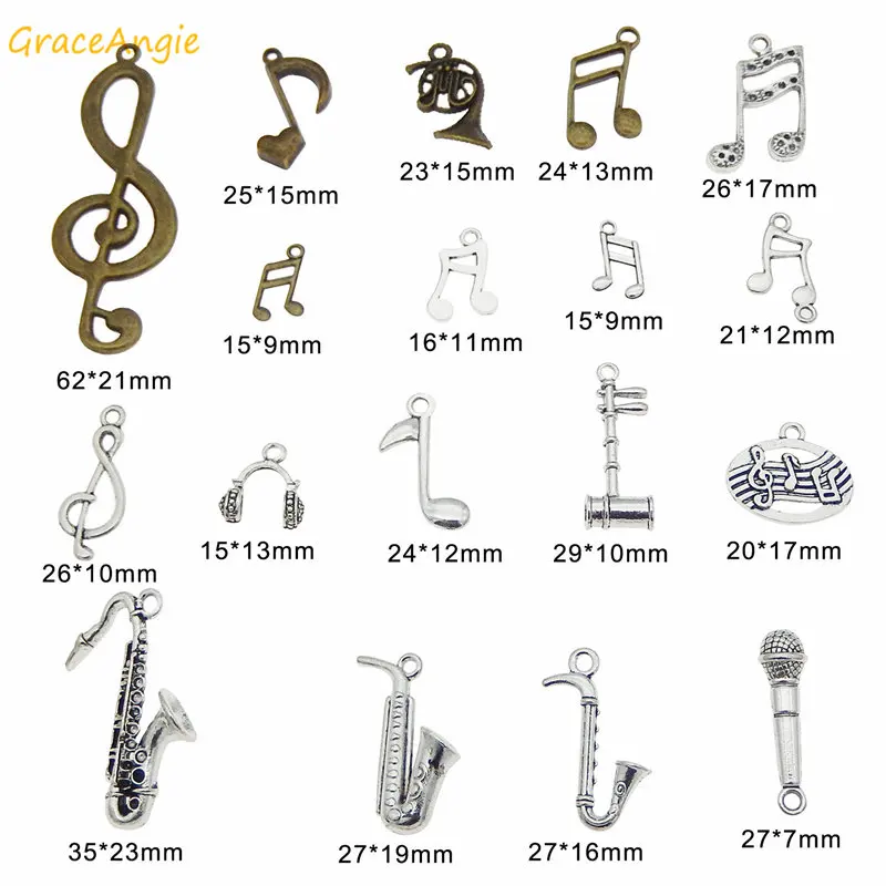 GraceAngie 10pcs Mixed Instruments Music Notes Pendant Zinc Alloy Charms Jewelry Bracelet Necklace Keychain MakingDIY