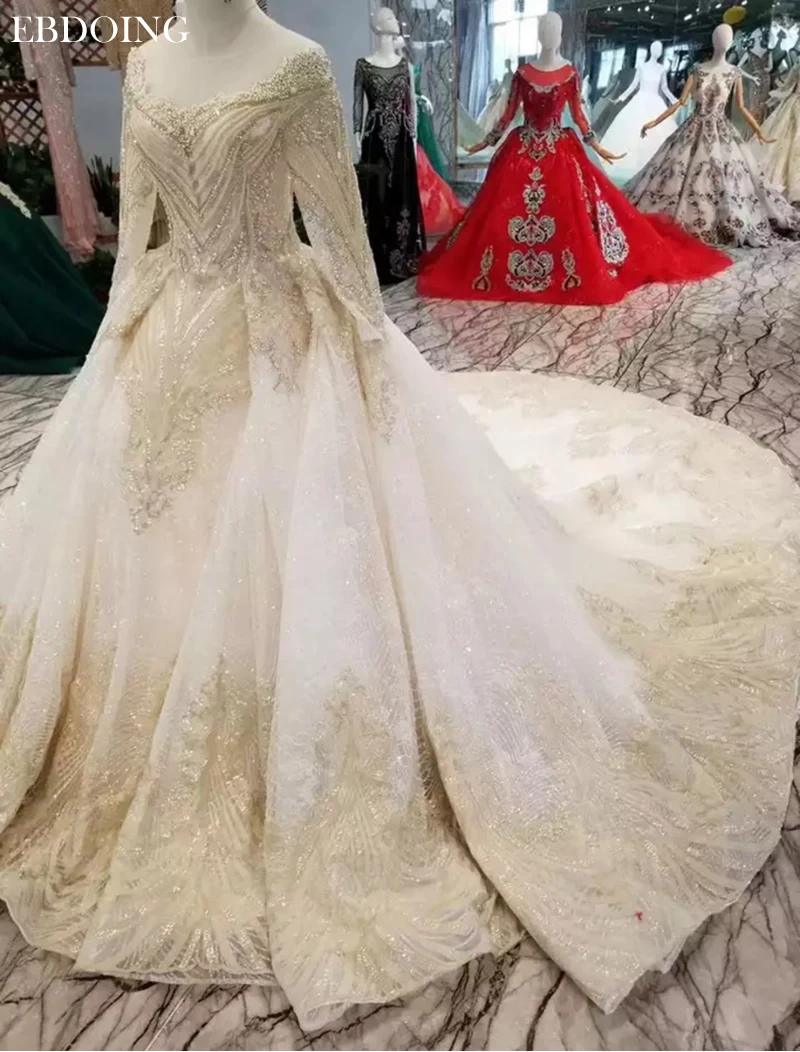 Vestidos De Novia الكرة ثوب الزفاف قارب الرقبة كامل الأكمام المحكمة قطار الدانتيل يصل فستان عروس حجم كبير مع الدانتيل الخرز