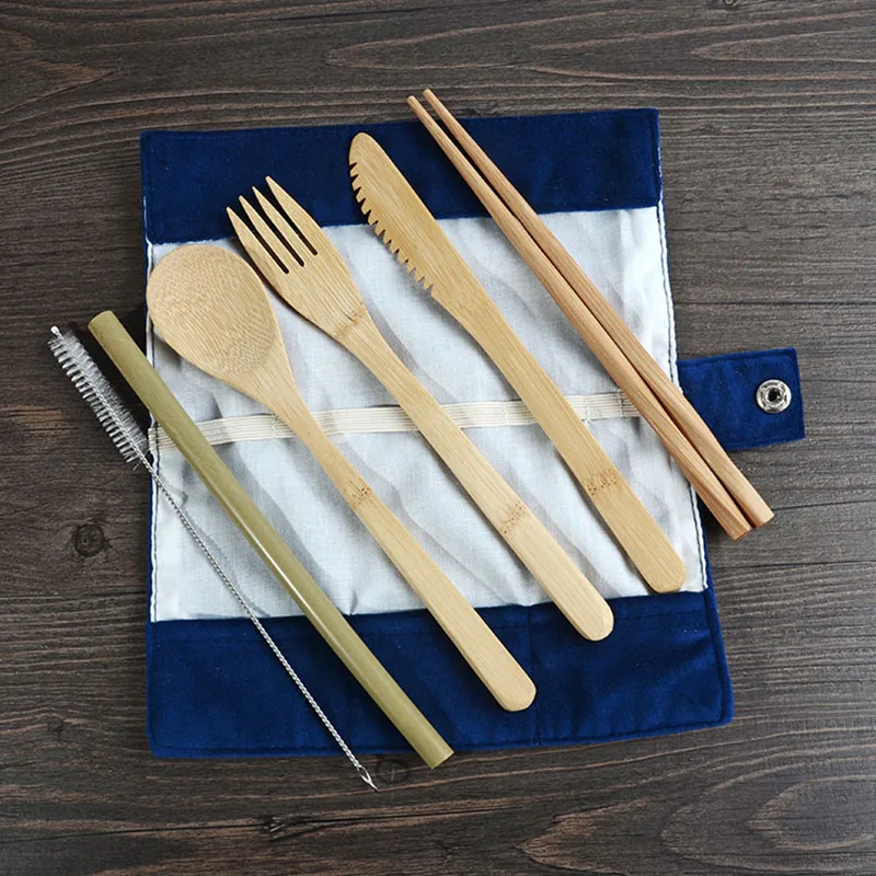 6pc Natural Bamboo Tableware Set Gift Kitchen Accessories Gadgets Tools Dinner knife+Chopsticks+Fork+Spoon+Straw+Brush