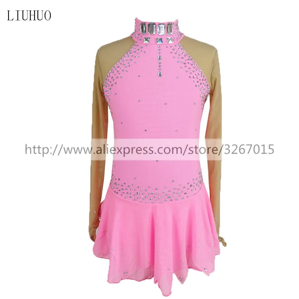 LIUHUO Women Girls Performance Ballet Gymnastics Competition Leotard Ice Figure Skating Dress Dance Costume Pink Long Sleeve Kid