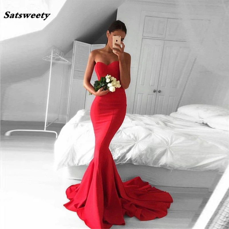 Vestidos de dama sexy sereia para mulheres, Long Prom Dresses, Vestido vermelho querido, Sweep Train