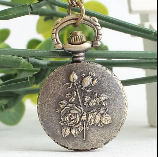 

New Fashion quartz roses pattern Modern hours pendant Bronze antiques Pocket watch necklace