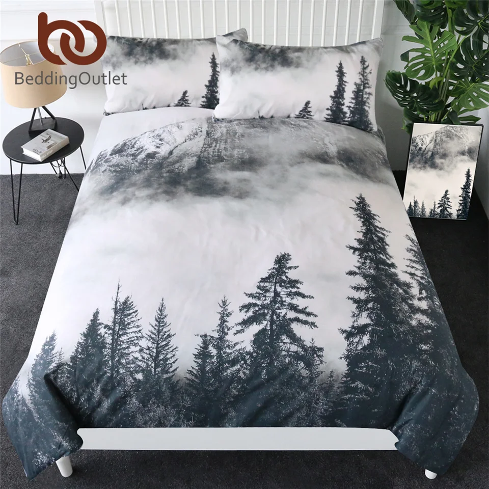 BeddingOutlet Forest Bedding Set Coniferous Tree Duvet Cover Foggy Mountain View Bedspreads Nature Beauty Luxury Bed Set 3-Piece