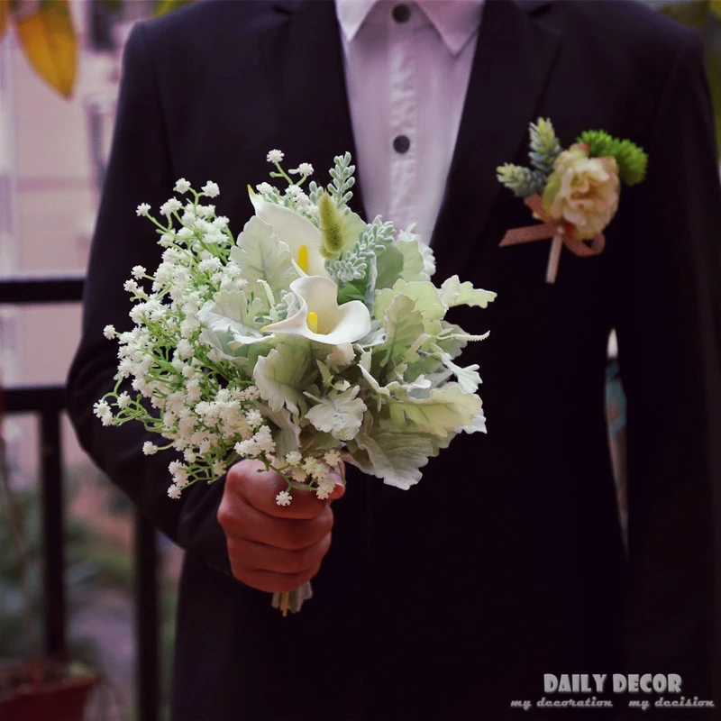 artificial white baby's breath Calla lily fake green plants bridal bouquet wedding bouquets for bride wedding bridal supplies