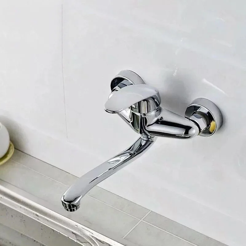 Wall Mounted Kitchen Faucet Copper Lengthened 360 Degree Swivel Water Tap Double Holes Hot and Cold Sink Mixer Tap Mop pool Tap