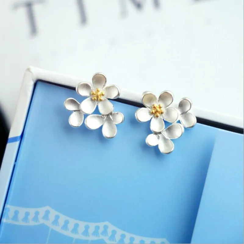 925 Sterling Silver Jewelry Korean Exquisite Fashion  Sweet Five Cherry Blossoms Earrings   E031