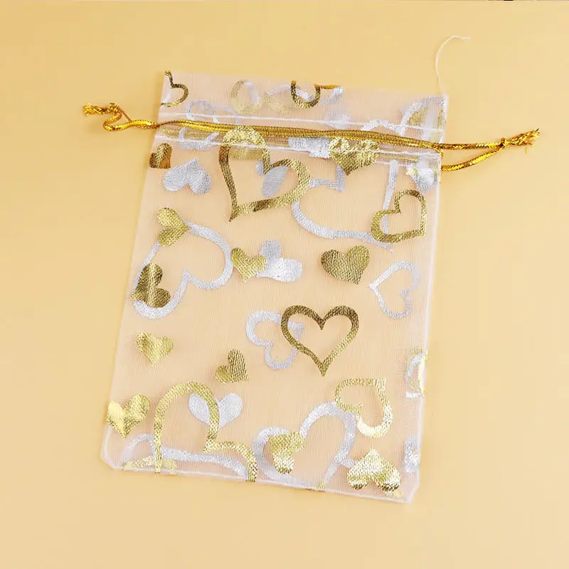 New Fashion 100Pcs 9x12cm White Organza Bags Hearts Design Wedding Candy Jewelry Packaging Bags Pouches Cute Drawstring Gift Bag